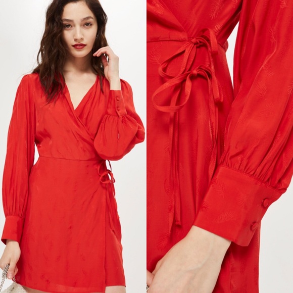 Topshop Red Woven Jacquard Long Sleeve Wrap Dress - Picture 2 of 2